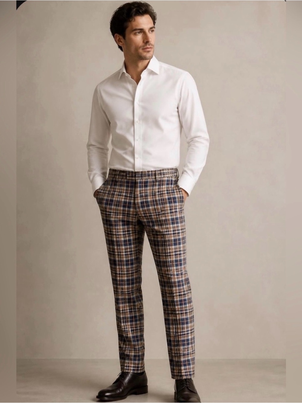 Men's Plaid Casual Pants - Blue, Brown, and Ivory